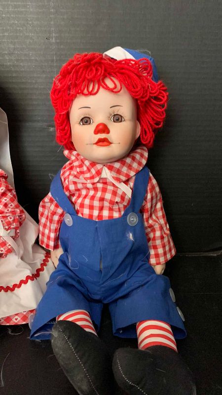 Photo 1 of 2-PORCELAIN RAGGEDY ANN AND ANDY DOLLS 20”