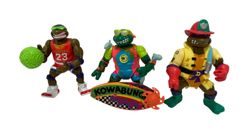 Photo 1 of VINTAGE TEENAGE MUTANT NINJA TURTLES SLAM DUNKIN DONATELLO, MIKE THE SURFER AND HOSE’EM DOWN DONATELLO ACTION FIGURES