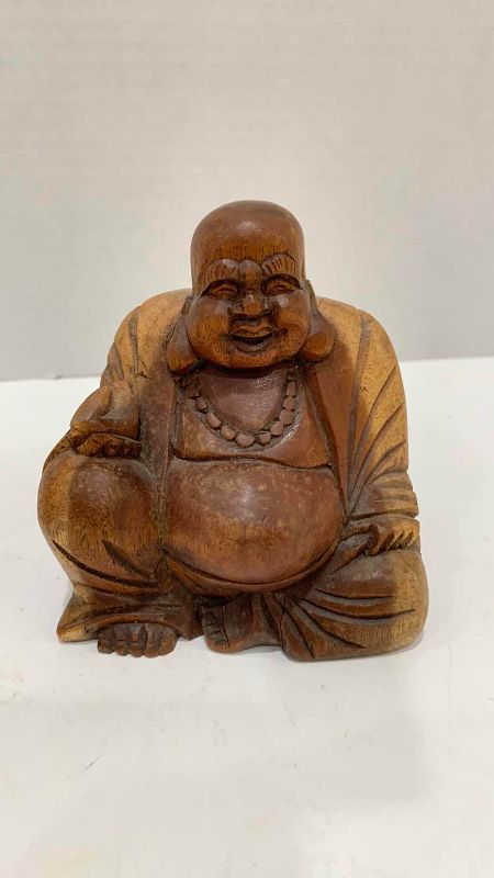 Photo 1 of 2-HAND CARVED WOODEN HOTEI FIGURES TALLEST IS 4.5”
