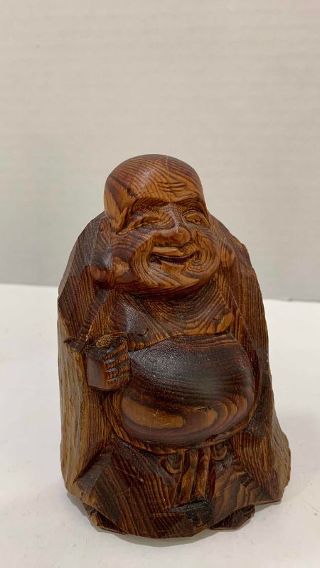 Photo 1 of 2-HAND CARVED WOODEN HOTEI FIGURES TALLEST IS 4.5”