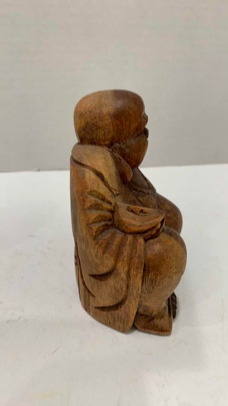 Photo 1 of 2-HAND CARVED WOODEN HOTEI FIGURES TALLEST IS 4.5”