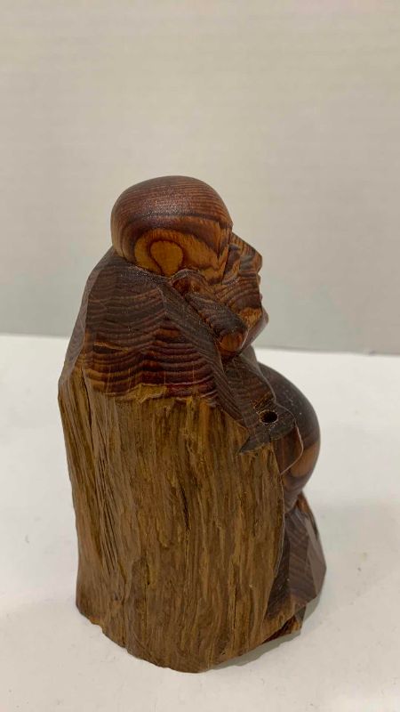 Photo 1 of 2-HAND CARVED WOODEN HOTEI FIGURES TALLEST IS 4.5”