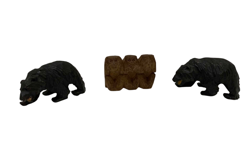 Photo 1 of 3-VINTAGE HAND CARVED WOODEN ANIMAL FIGURES 4” LONG