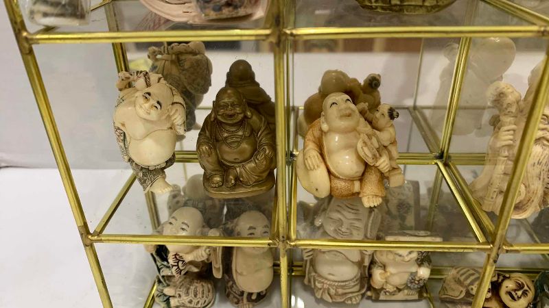 Photo 1 of VINTAGE HOTEI LAUGHING BUDDAH’S IN GLASS DISPLAY CASE