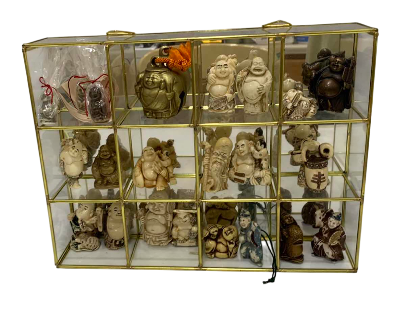 Photo 1 of VINTAGE HOTEI LAUGHING BUDDAH’S IN GLASS DISPLAY CASE