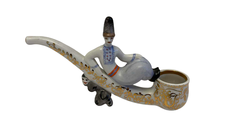 Photo 1 of VINTAGE USSR RUSSIA PORCELAIN PIPE FIGURINE KAZAK VAKULA & DEVIL 7”