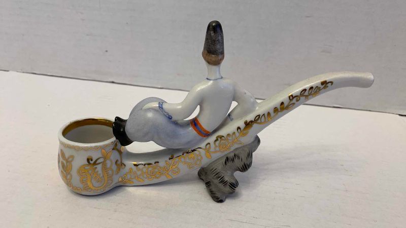 Photo 1 of VINTAGE USSR RUSSIA PORCELAIN PIPE FIGURINE KAZAK VAKULA & DEVIL 7”