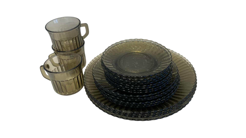 Photo 1 of 21 PIECES OF SMOKED GLASS PLATES AND MUGS