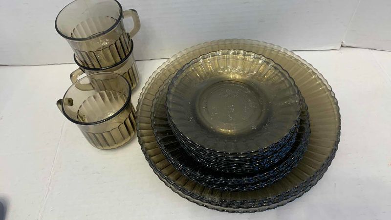 Photo 1 of 21 PIECES OF SMOKED GLASS PLATES AND MUGS