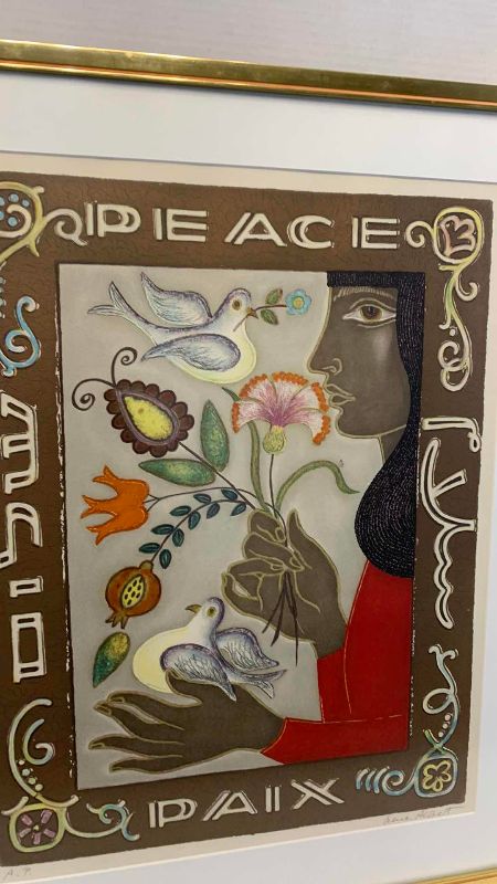 Photo 1 of “WOMAN WITH DOVES AND FLOWERS, PEACE” POSTER SIGNED BY IRENE AWRET 27” X 32”