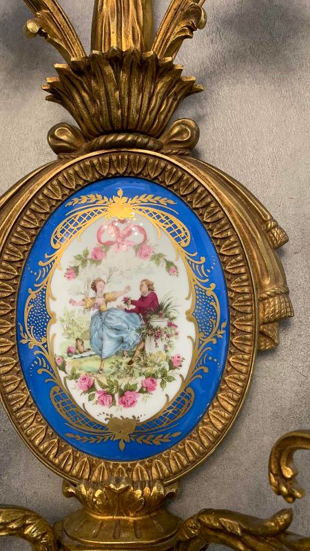 Photo 1 of VINTAGE FRENCH PAIR SEVRES STYLE BRONZE AND PORCELAIN FOUR LIGHT WALL SCONCES 13” X 6.5” H 31”