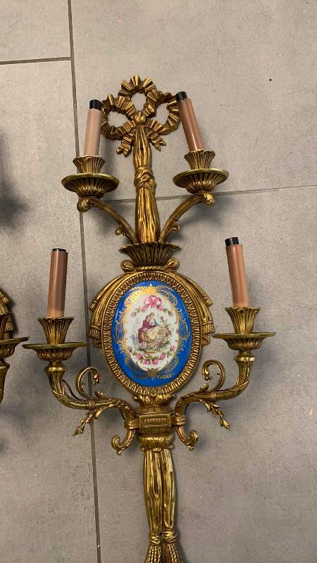 Photo 1 of VINTAGE FRENCH PAIR SEVRES STYLE BRONZE AND PORCELAIN FOUR LIGHT WALL SCONCES 13” X 6.5” H 31”