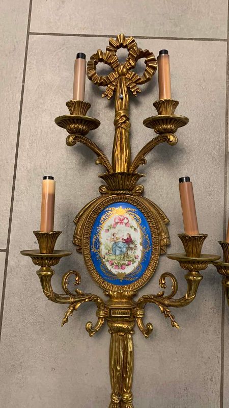 Photo 1 of VINTAGE FRENCH PAIR SEVRES STYLE BRONZE AND PORCELAIN FOUR LIGHT WALL SCONCES 13” X 6.5” H 31”