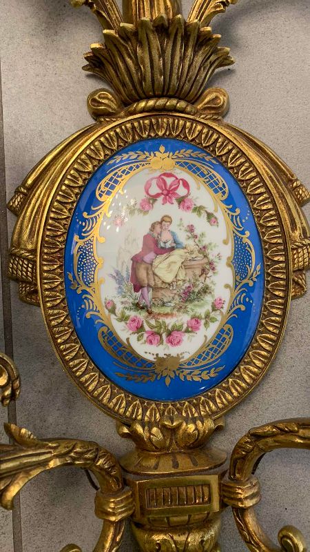 Photo 1 of VINTAGE FRENCH PAIR SEVRES STYLE BRONZE AND PORCELAIN FOUR LIGHT WALL SCONCES 13” X 6.5” H 31”