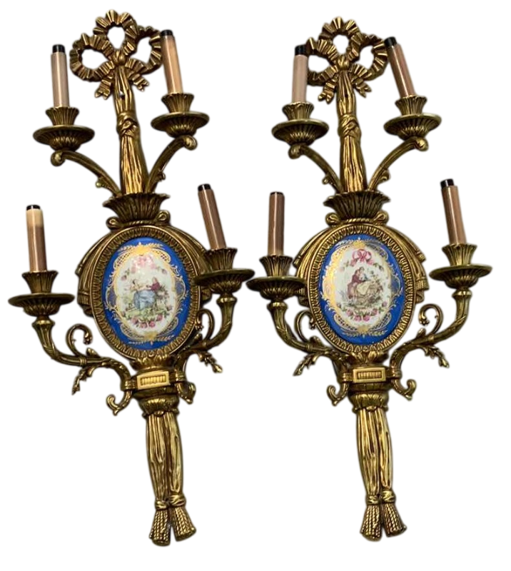 Photo 1 of VINTAGE FRENCH PAIR SEVRES STYLE BRONZE AND PORCELAIN FOUR LIGHT WALL SCONCES 13” X 6.5” H 31”