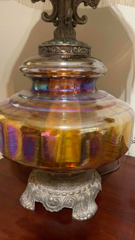 Photo 1 of VINTAGE HOLLYWOOD REGENCY CARNIVAL GLASS LAMP 35”