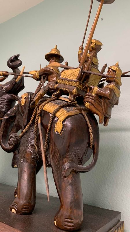 Photo 1 of VINTAGE HAND CARVED THAI "JOUSTING ELEPHANTS" BATTLE SCENE 33” X 26”