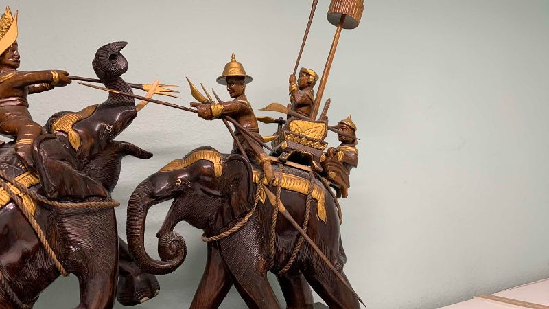 Photo 1 of VINTAGE HAND CARVED THAI "JOUSTING ELEPHANTS" BATTLE SCENE 33” X 26”