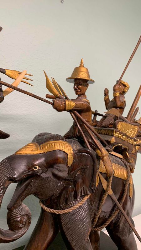 Photo 1 of VINTAGE HAND CARVED THAI "JOUSTING ELEPHANTS" BATTLE SCENE 33” X 26”