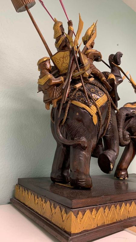 Photo 1 of VINTAGE HAND CARVED THAI "JOUSTING ELEPHANTS" BATTLE SCENE 33” X 26”