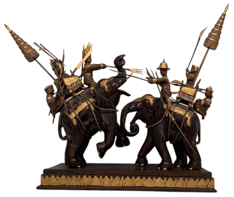 Photo 1 of VINTAGE HAND CARVED THAI "JOUSTING ELEPHANTS" BATTLE SCENE 33” X 26”