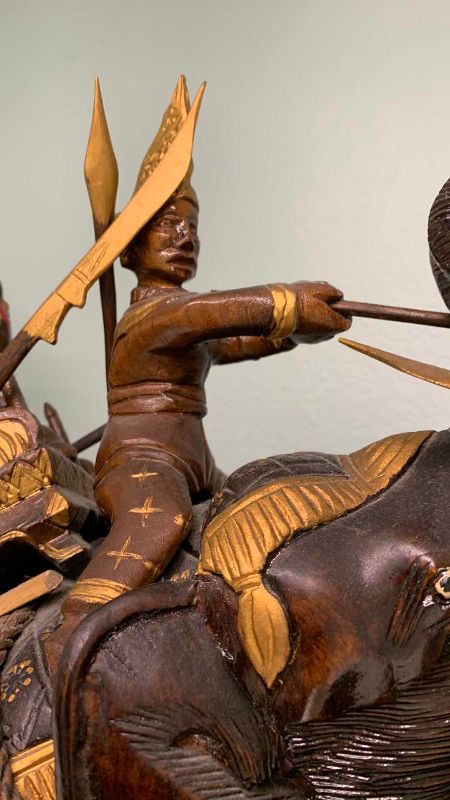 Photo 1 of VINTAGE HAND CARVED THAI "JOUSTING ELEPHANTS" BATTLE SCENE 33” X 26”