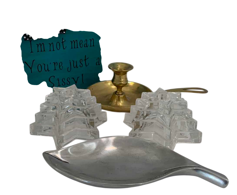 Photo 1 of CANDLE HOLDERS, SMALL DISH & A WOODEN SIGN