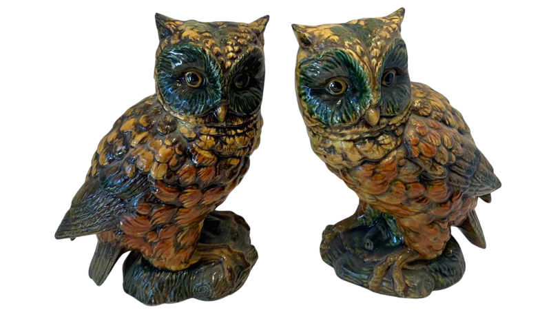 View 1 of PAIR OF VINTAGE 1970 PLASTER OWLS 10" TALL