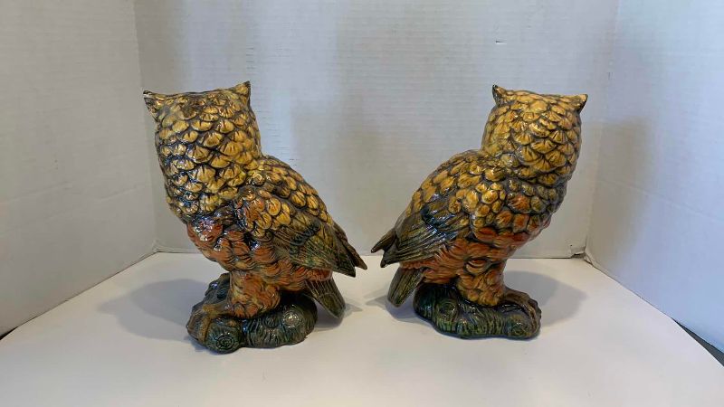 View 2 of PAIR OF VINTAGE 1970 PLASTER OWLS 10" TALL