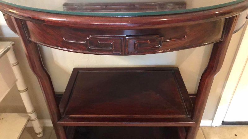 View 2 of VINTAGE CHINESE DEMILUNE HALF MOON CONSOLE TABLE WITH GLASS TOP 36” X 19” H 34”