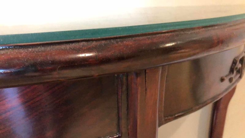 View 3 of VINTAGE CHINESE DEMILUNE HALF MOON CONSOLE TABLE WITH GLASS TOP 36” X 19” H 34”