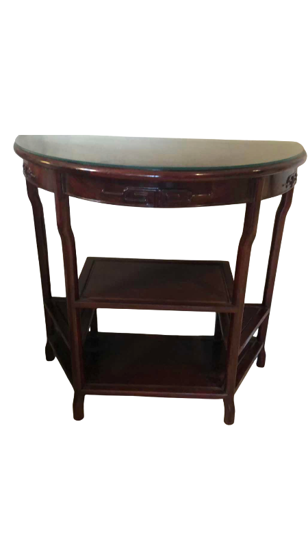 View 1 of VINTAGE CHINESE DEMILUNE HALF MOON CONSOLE TABLE WITH GLASS TOP 36” X 19” H 34”