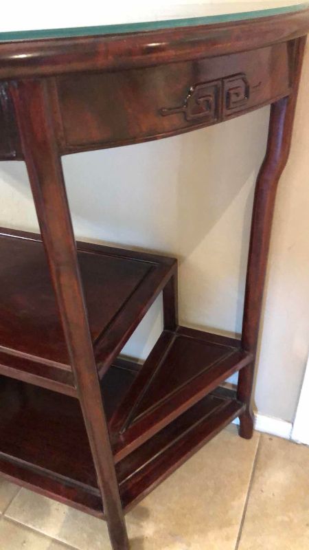 View 4 of VINTAGE CHINESE DEMILUNE HALF MOON CONSOLE TABLE WITH GLASS TOP 36” X 19” H 34”