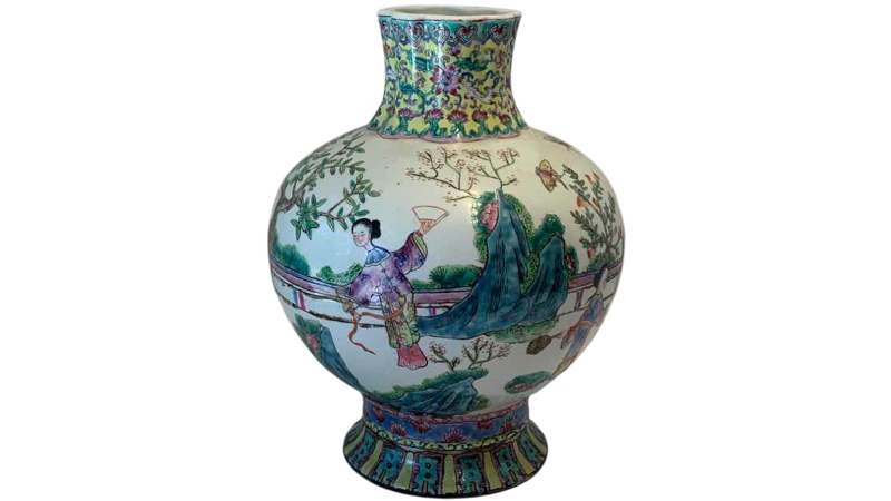 View 1 of VINTAGE CHINESE CERAMIC FLOWER URN 12"