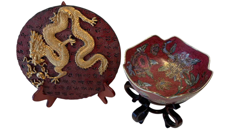 View 1 of RED AND GOLD ORIENTAL DRAGON PLATE 11" AND DECORATIVE BOWL