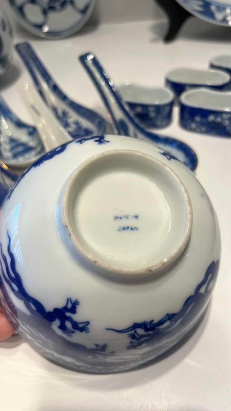 View 4 of VINTAGE CHINOISERIE BLUE AND WHITE PORCELAIN DECORATIVE DINING ITEMS 10”