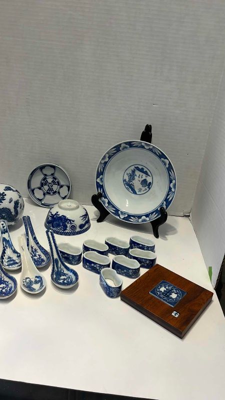 View 3 of VINTAGE CHINOISERIE BLUE AND WHITE PORCELAIN DECORATIVE DINING ITEMS 10”
