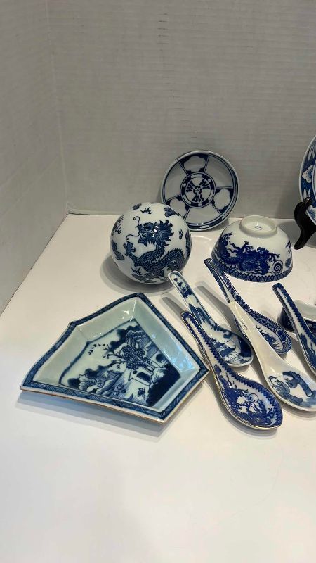 View 2 of VINTAGE CHINOISERIE BLUE AND WHITE PORCELAIN DECORATIVE DINING ITEMS 10”