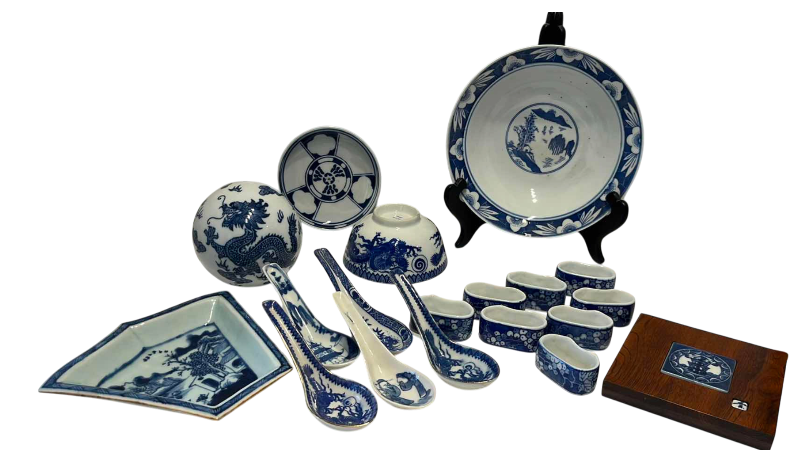 View 1 of VINTAGE CHINOISERIE BLUE AND WHITE PORCELAIN DECORATIVE DINING ITEMS 10”