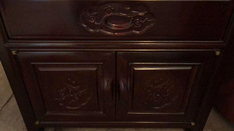 View 3 of CHINESE ROSEWOOD CHARACTER MOTIF NIGHTSTAND WITH GLASS INSET TOP 22” X 22” H 22”