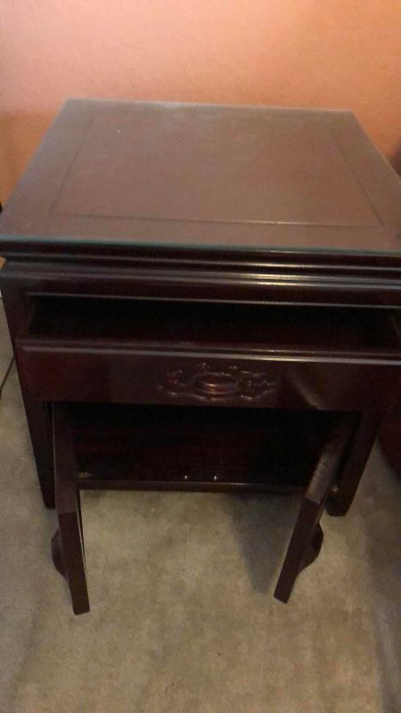 View 2 of CHINESE ROSEWOOD CHARACTER MOTIF NIGHTSTAND WITH GLASS INSET TOP 22” X 22” H 22”