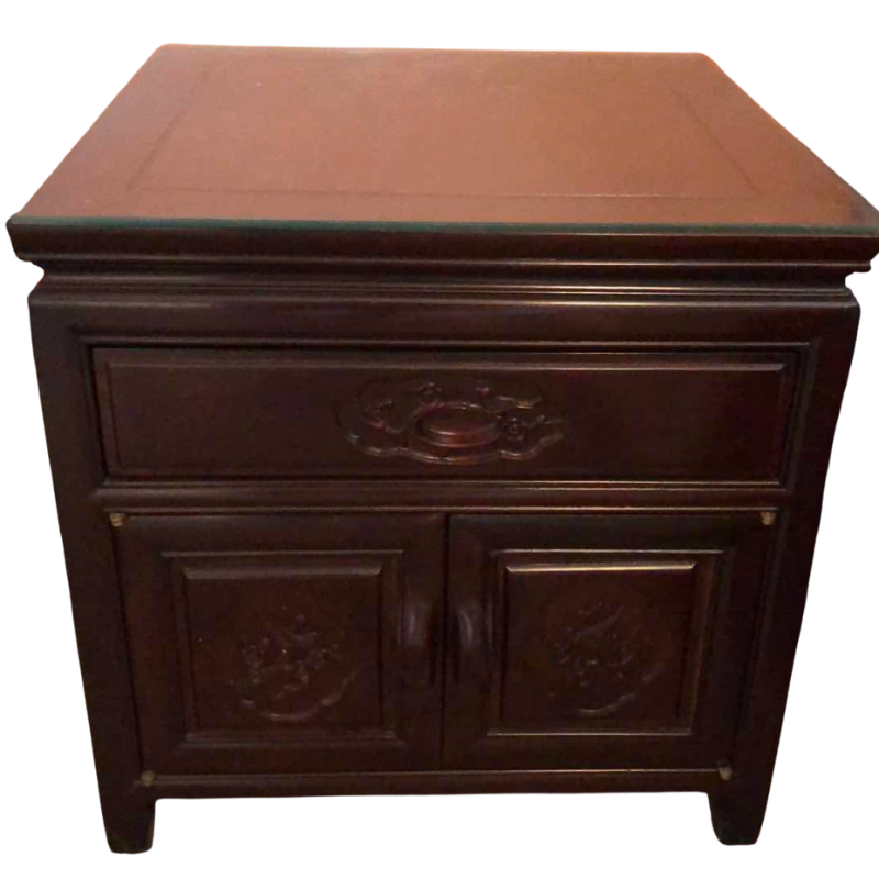View 1 of CHINESE ROSEWOOD CHARACTER MOTIF NIGHTSTAND WITH GLASS INSET TOP 22” X 22” H 22”
