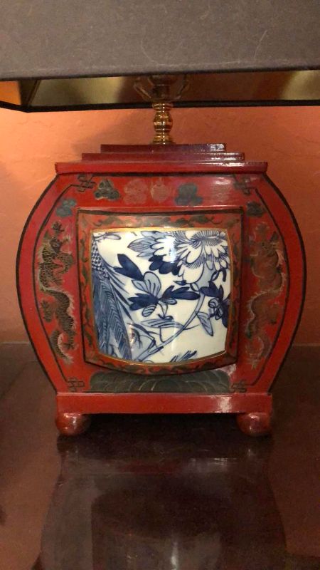 View 2 of VINTAGE ASIAN PORCELAIN RENDERING ENCASED IN DECORATIVE WOOD 24”