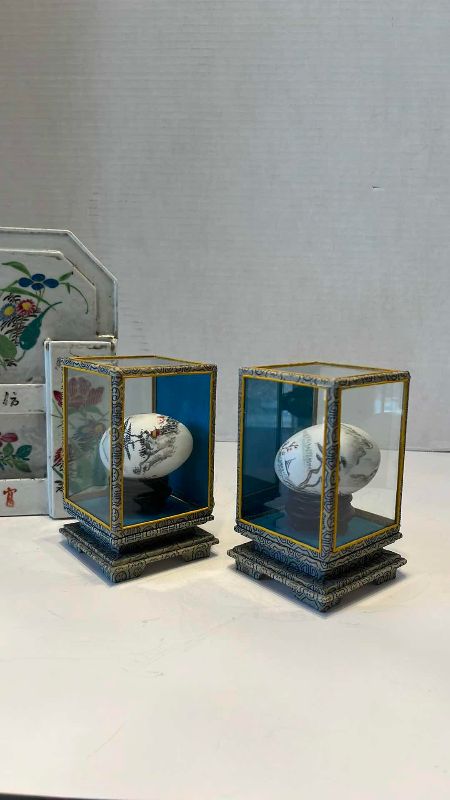 View 3 of VINTAGE HAND PAINTED EGG IN DISPLAY GLASS AND CHINESE PORCELAIN WALL VASE 9”