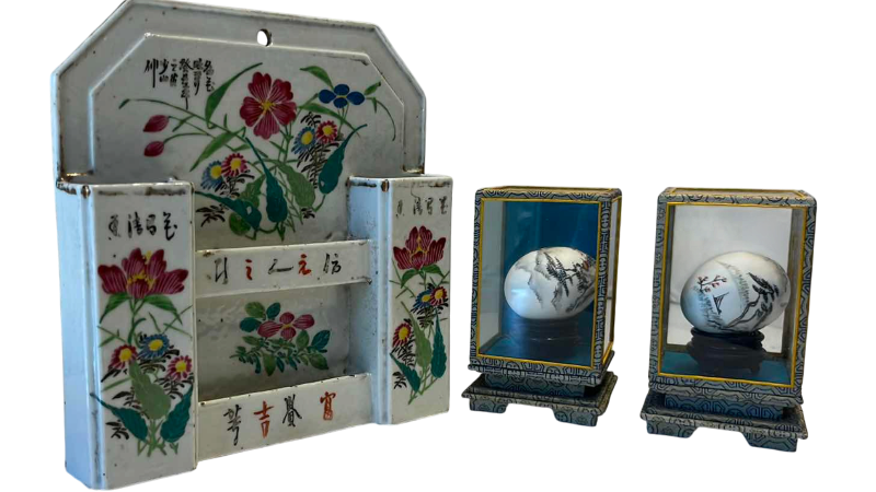 View 1 of VINTAGE HAND PAINTED EGG IN DISPLAY GLASS AND CHINESE PORCELAIN WALL VASE 9”