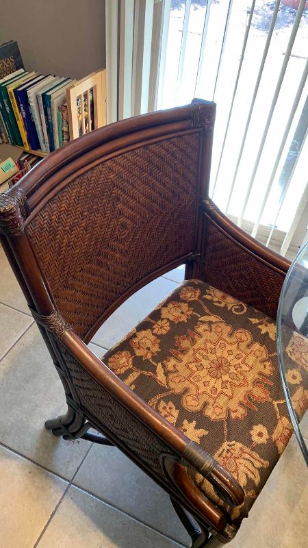 View 5 of DINING ROOM TABLE WITH GLASS TOP, RATTAN CHAIRS, AND CLAW FEET