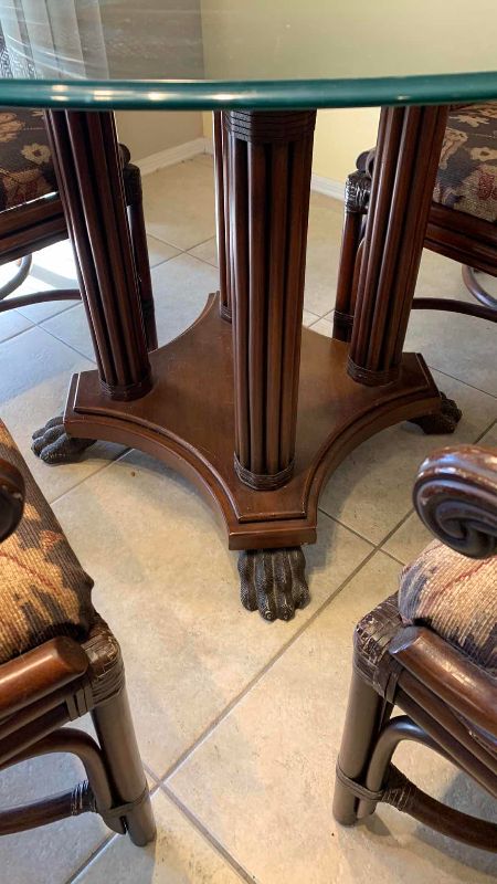 View 3 of DINING ROOM TABLE WITH GLASS TOP, RATTAN CHAIRS, AND CLAW FEET