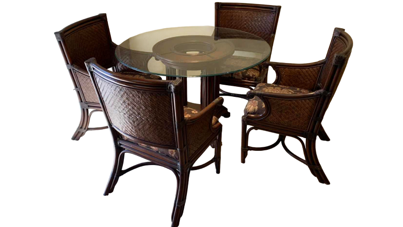 View 1 of DINING ROOM TABLE WITH GLASS TOP, RATTAN CHAIRS, AND CLAW FEET