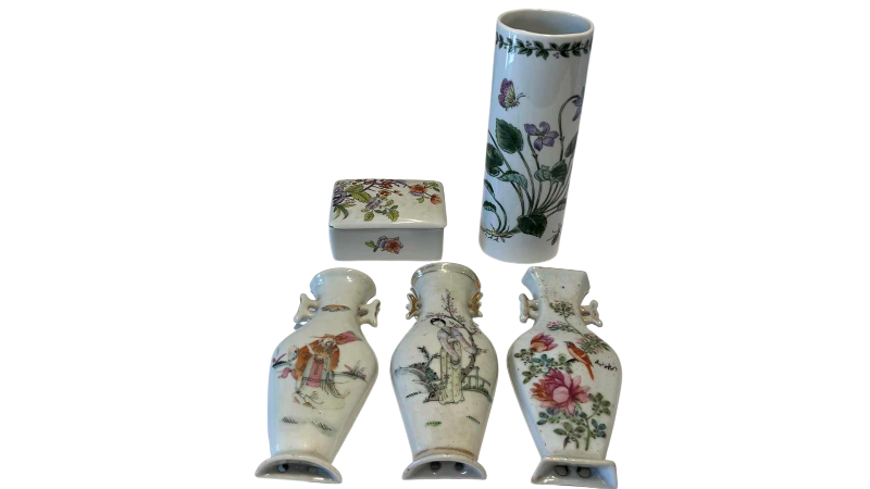View 1 of CHINESE MINIATURE WALL VASES- PORCELAIN LIDDED BOX 7”