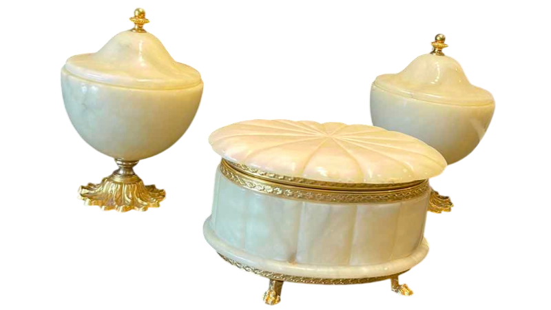 View 1 of VINTAGE ALABASTER BOX SET WITH CLAW FEET